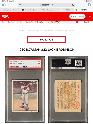 1950 Bowman #22 Jackie Robinson Psa 1 Nicely Centered Good Eye Appeal For Grade