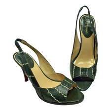 Cole Haan D27318 Dark Green Leather Slingback Sandal Heels Womens Size 8.5 B