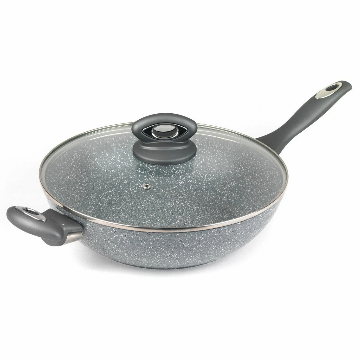 Salter 28cm Grey Marblestone Forged Aluminium Cooking Kitchen Wok with Glass Lid