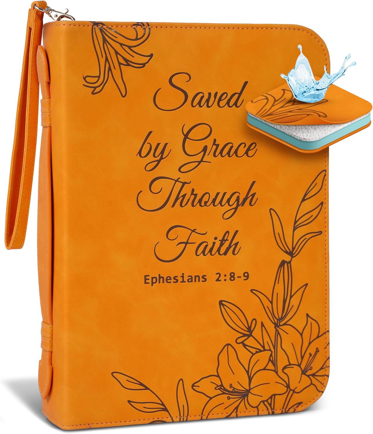 Bible Cover Case - Women PU Leather Floral Design Waterproof Orange 11