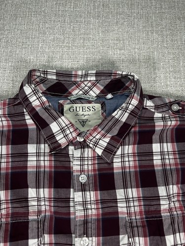 Guess Shirt Adult Extra Large Red Plaid Button Up Long Sleeve Classic Logo Mens - Picture 2 of 8