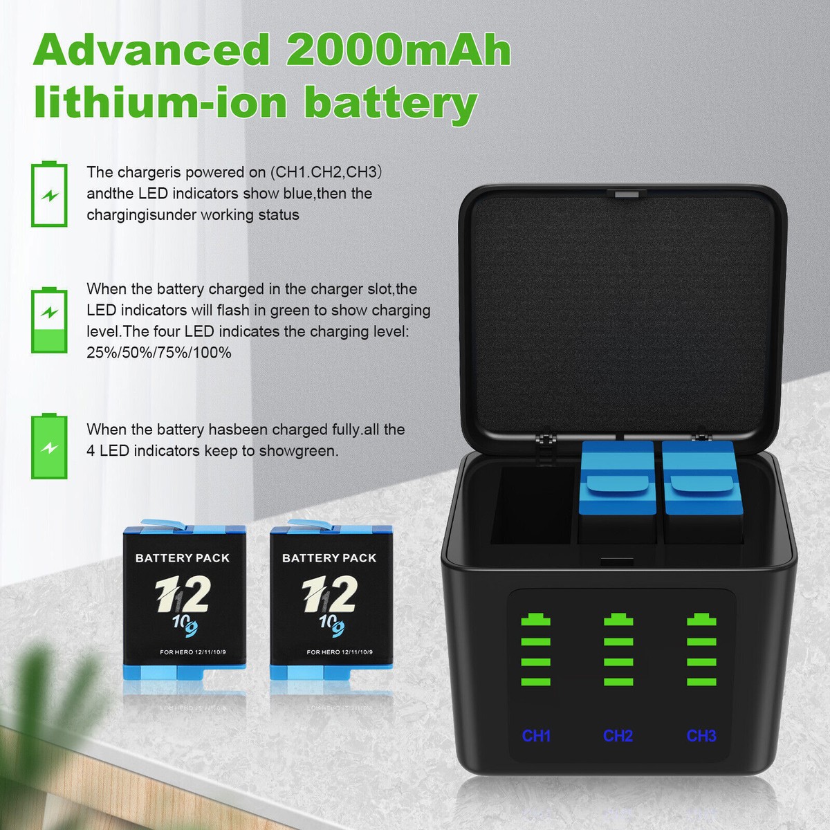 Dual Battery Charger For GoPro HERO 12/11/10/9 Black +2*Battery 