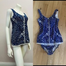 VTG 60s 70s Floral Navy 2 Piece California Poppy Swimwear Bathing Suit Swim S XS