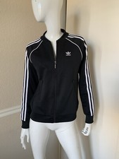 ADIDAS Women's Black w/ White Stripes Poly Knit Fitted Zip-Up Jacket Sz XS