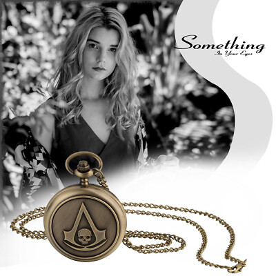 Men's Women's Halloween Embossed Skull Case Quartz Pocket Watch Necklace Chain