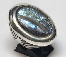 LARGE BEAUTIFUL VINTAGE STERLING SILVER VIBRANT OVAL ABALONE SHELL RING SZ 7