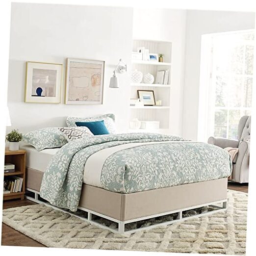 Venice White Metal Platform Bed Frame with Built-in Beige Upholstered Mattress