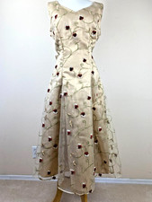 Handsewn Satin Gold Midi Dress Sleeveless Gown Fit-Flare Ivory V-Neck Roses Veil