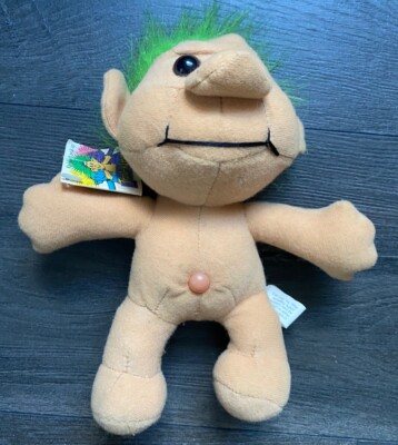 Vintage Troll-Kins Green Hair Troll Plush Doll Trollkins 10 Inch With Tags
