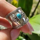 Boho 925 Sterling Silver Elegant Charms Vintage Turquoise Charms Ring Size 8