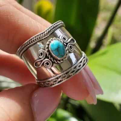 Boho 925 Sterling Silver Elegant Charms Vintage Turquoise Charms Ring Size 8