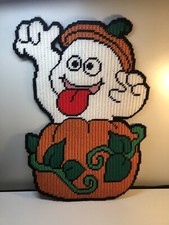 Vtg Pumpkin Jack O Lantern Ghost Halloween Hanging Needlepoint Completed