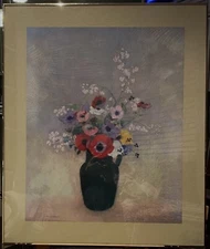 BEAUTIFUL LARGE GREEN VASE WITH FLOWERS BY ODILON REDON - QUALITY FRAMED PRINT