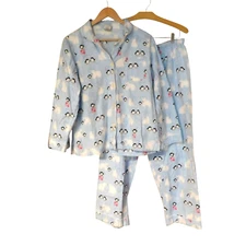 The Company Store Womens Size Large Flannel Pajamas Polar Bears Penguins Blue