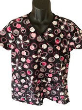 Willow Brook Scrub Top Women's Small Black Pink Silver White Floral V-Neck