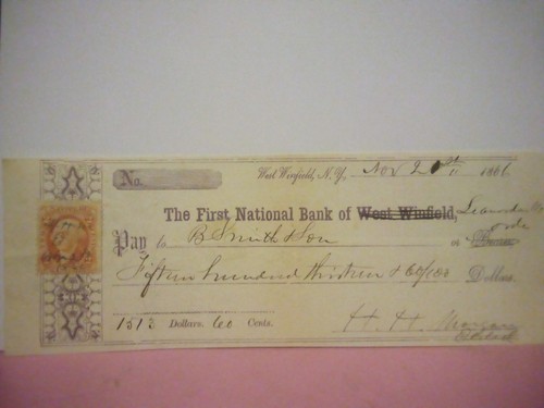 1866 West Winfield NY 1st National Bank check with revenue Leonardsville 