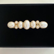 VINTAGE Gold Tone CREAM FAUX PEARL BEADED HAIR BARRETTE 3.5 1990 s Y2K