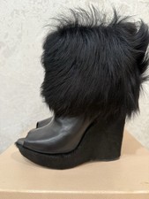 Prada women  s Black Fur Leather Peep Toe Wedge Ankle Bootie Boots EU 37