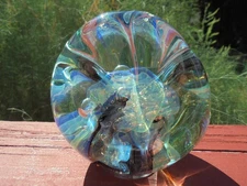 Robert Eickholt Signed Art Glass Paperweight Blue w Bubbles 3 1/2" Excellent