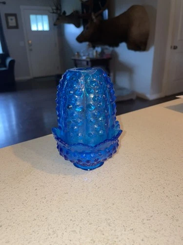 Vintage Fenton Beautiful Colonial Blue Hobnail Glass Fairy Lamp Candle Holder