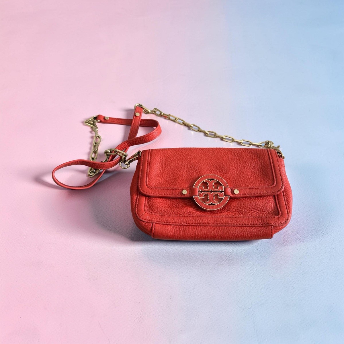 Tory Burch Red Leather Crossbody Bag Gold Chain Logo Flap Shoulder