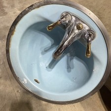 Vintage Mid Century 18" Cast Iron Regency Blue Round Drop in Bath Sink