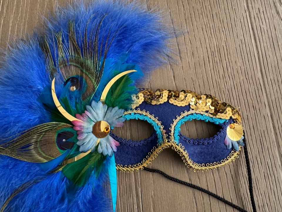 Vintage Gypsy Renaissance Large Blue  Bedazzled Feathered Masquerade Mask - Image 3 of 4