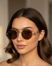 Woman's Round Sunglasses Gold Frame Brown Lens Leopard Arms UV400 Fashion