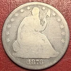 1876 Seated Liberty Half Silver Dollar. Toned. Free Shipping