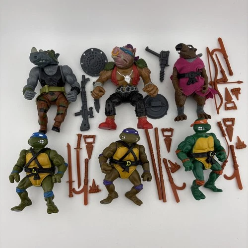 Lot 6 1988 Teenage Mutant Ninja Turtles Playmates Soft Head Figures Accessories
