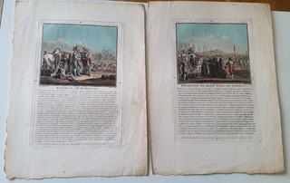Lot 2 Aquatintes couleurs Desfontaines Moret 1789 Marignan et reddition 34 cm