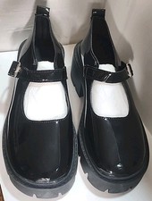 Mary Jane Chunky Mid Heel Classic Platform Shoes Shiny Black Size 8.5/9 BT3