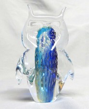 Vintage 1990s Murano Italy Glass Owl Figurine Clear  Blue w/Gold Flecks EXC 