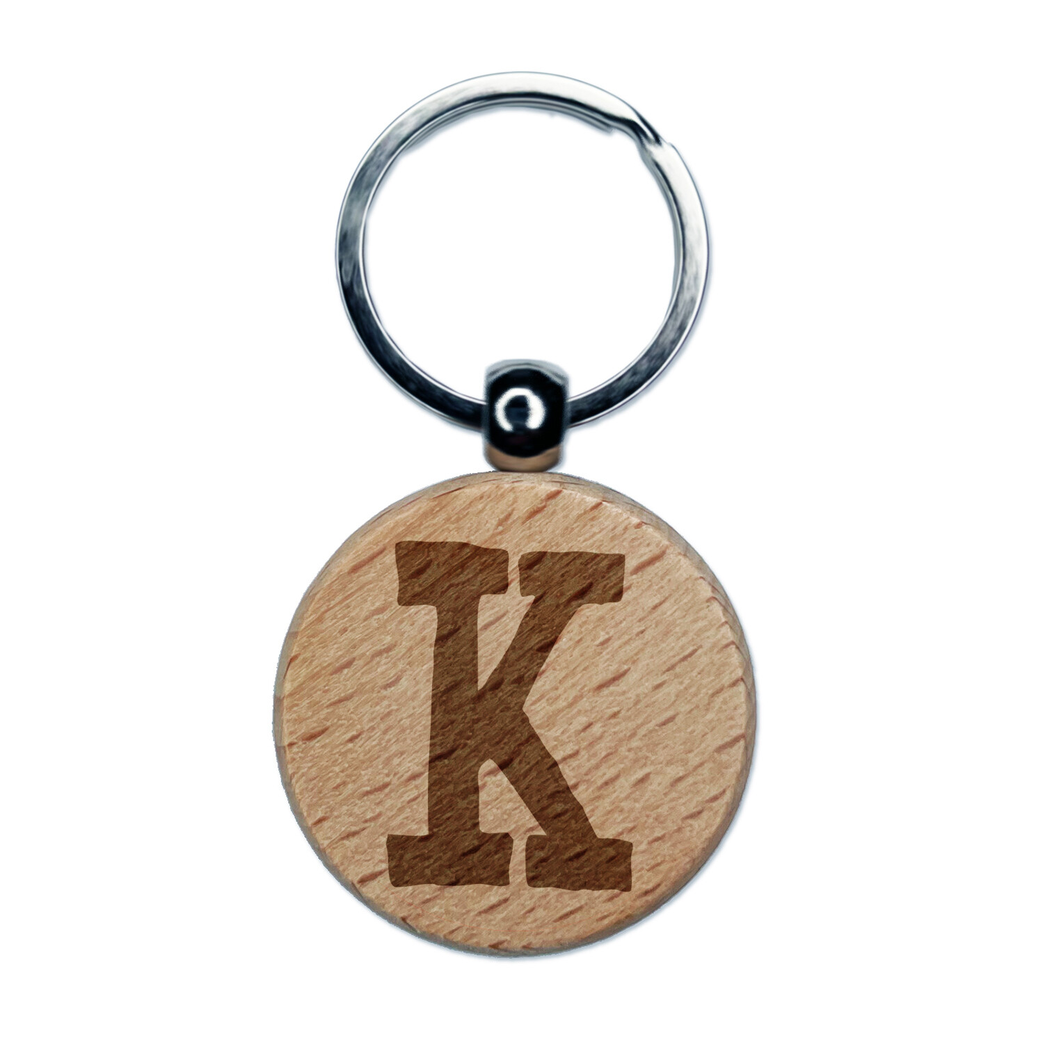 Letter K Uppercase Cute Typewriter Font Engraved Wood Round Keychain Tag Charm