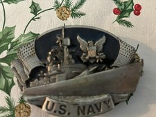 Bergamot Pewter And Enamel Us Navy Belt Buckle Silver And Blue. 1981