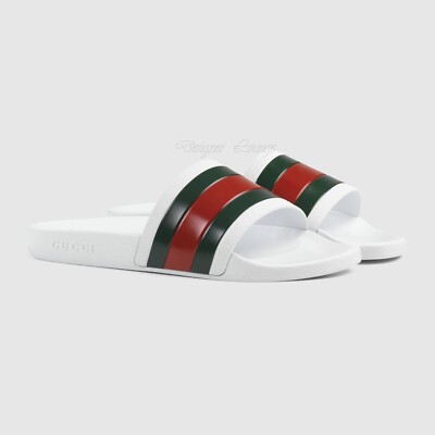 NEW GUCCI Men\'s WEB Pursuit Pool / Beach White Rubber Slides G 9 / US 9.5 AUTHENTIC Gucci Pursuit Pool Slides White Size: G9/US 9.5  main image 2
