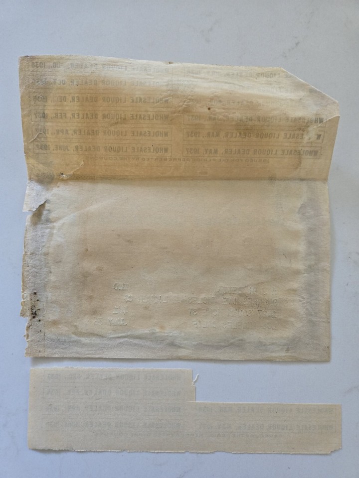 1937 Special Tax Stamp Wholesale Liquor Dealer w/ Coupons Los Angeles