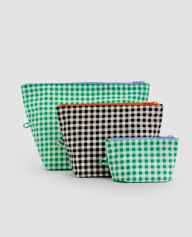 ¡NUEVO! JUEGO DE 3 BOLSAS BAGGU GO en verde/negro guinga reciclada. DISCO DE NAILON. & RARO Foto 4 de 4