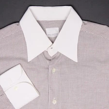 Bijan Mens Dress Shirt 15 White Collar Brown Graph Check Contrast Cuff Button Up