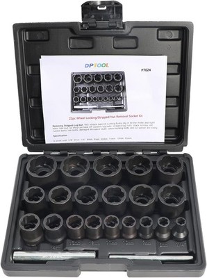 22 Piece Bolt Nut Extractor Set, 1/2'' and 3/8'' Drive Impact Lug Nut Remover