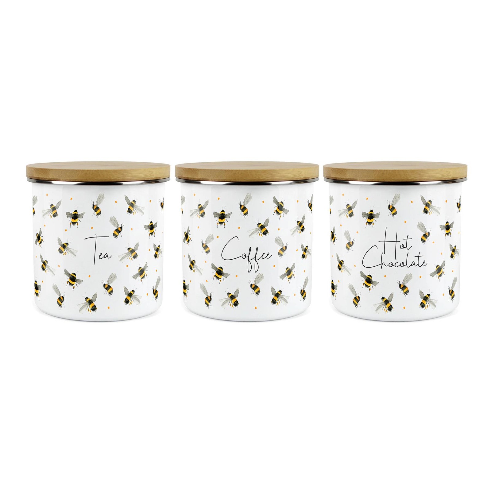 Purely Home White Scattered Bees Kitchen Storage Canister Set - Metal Enamel Tea Coffee Hot Chocolate Hot Drinks Storage Container Set Of 3 - Image 2