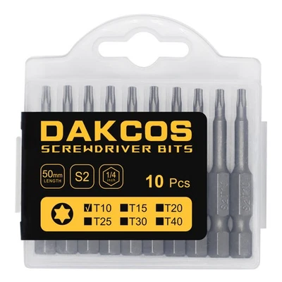 DAKCOS Torx Bit T10, für Torx Schrauben, T10 Bit lang 50mm 1/4 Zoll, 10 Stück