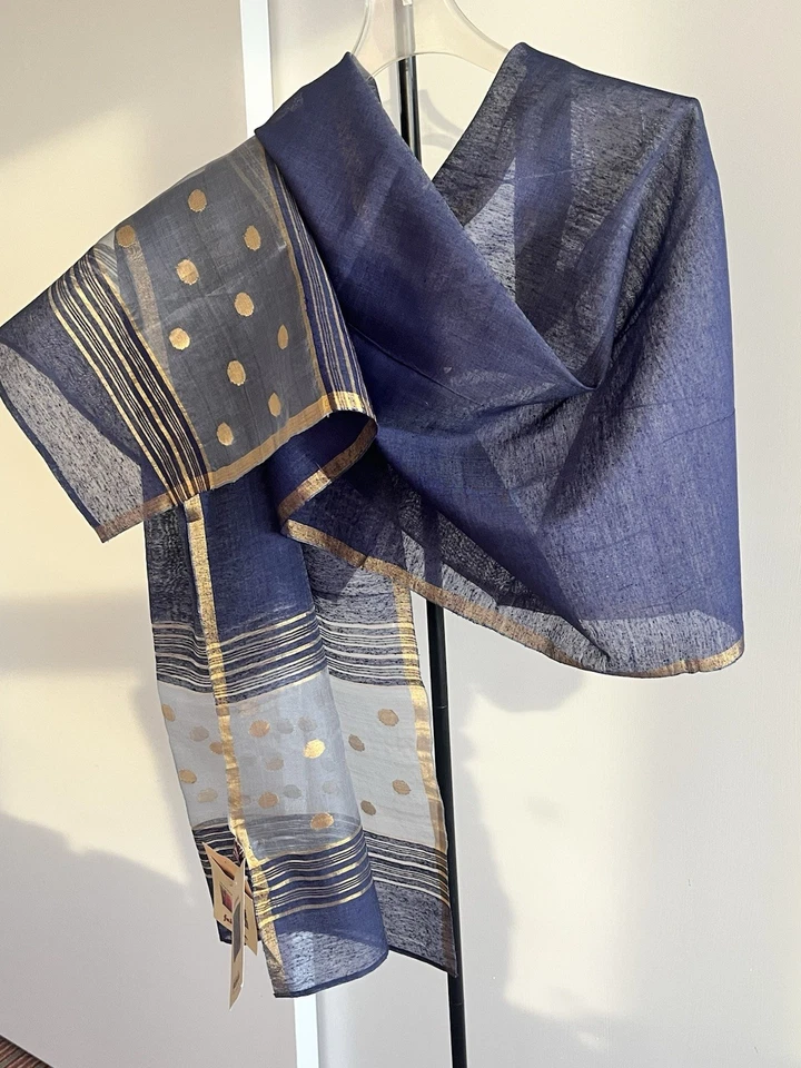 Fabindia NWT silk blend Jamdani scarf stole blue gray & gold zari polka dots 92" - Image 4 of 4