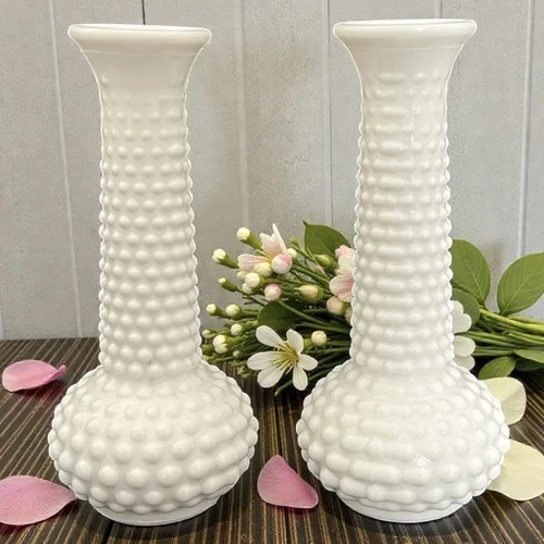 Vintage Pair Of E.O. Brody Co. Milk Glass 7.75 “ Hobnail White Bud Vases