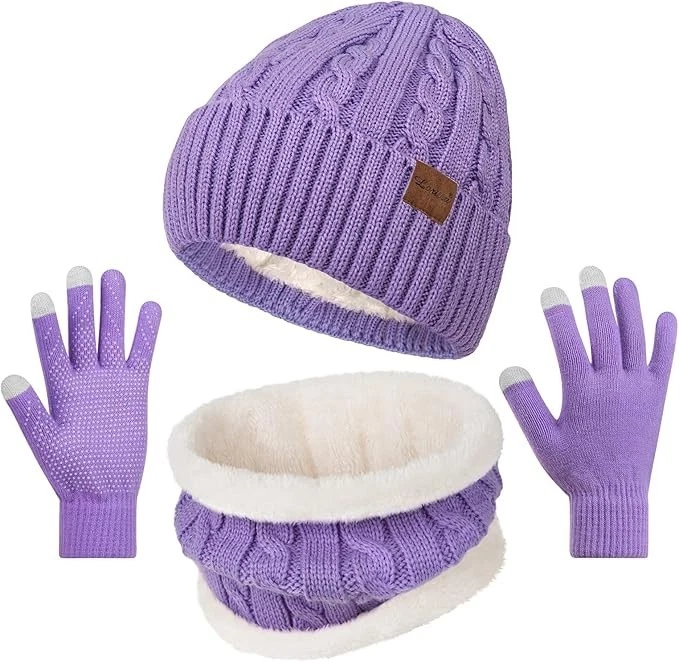 3 Pcs Winter Hat Scarf Gloves Set Women Beanie Touchscreen Fleece Lined Warm