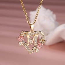 Fashion Letter M Love Heart Necklace Flower Rose Golden Necklace Jewelry Women