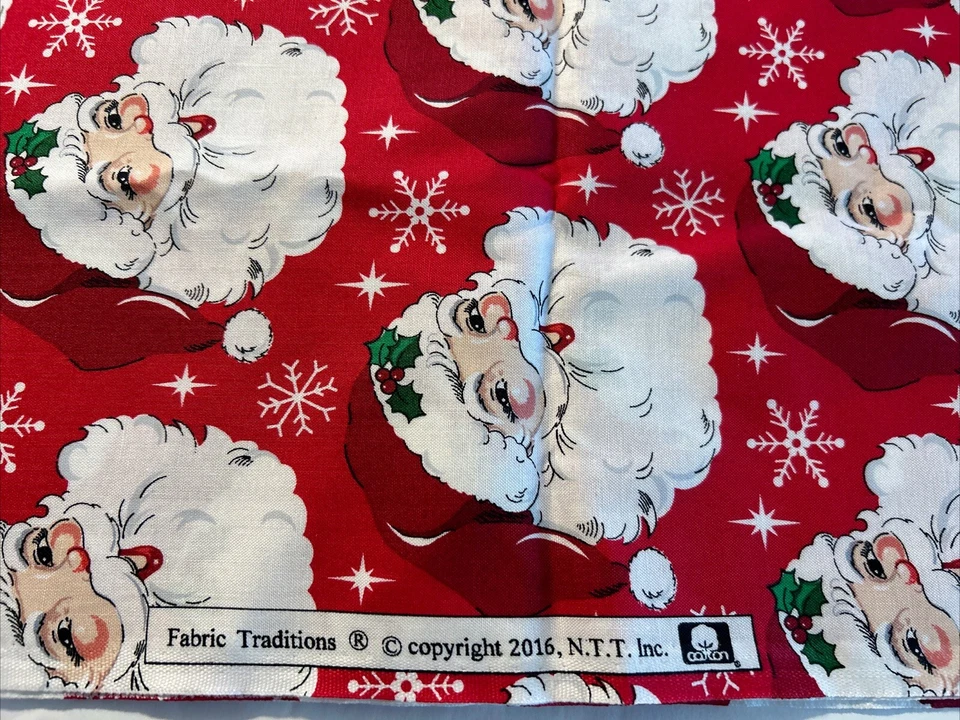 Christmas Santa Heads Faces Snowflakes on Red Cotton Fabric 1 Yard X 44” - Image 2 of 3