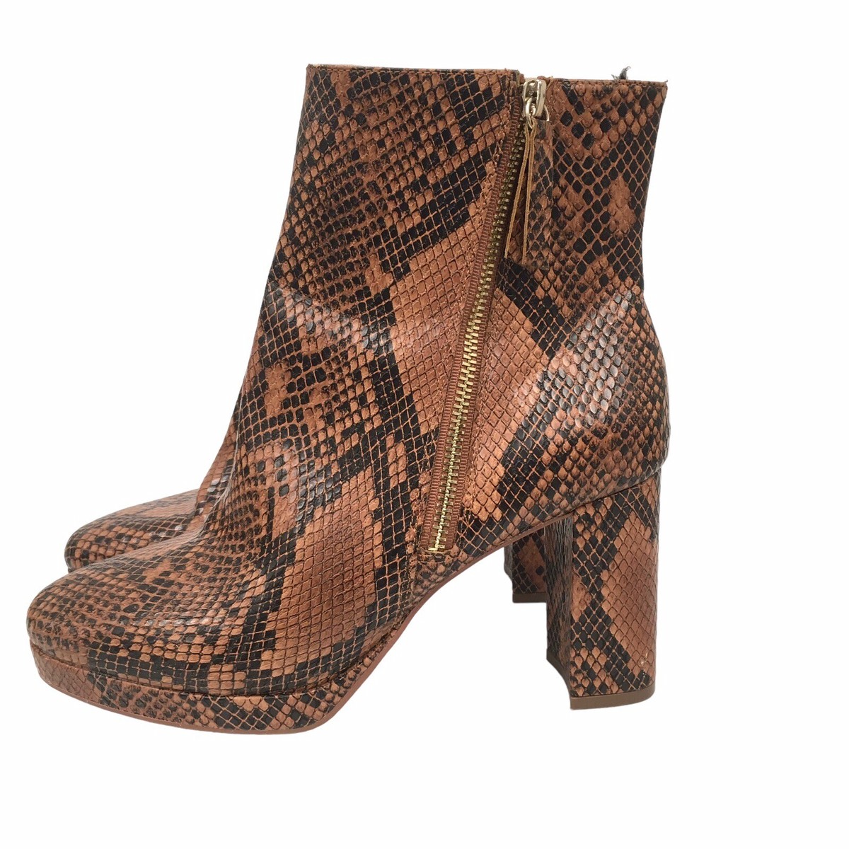 H&M Boots Women Brown Snake Print Block Heel Zip Ankle Chunky