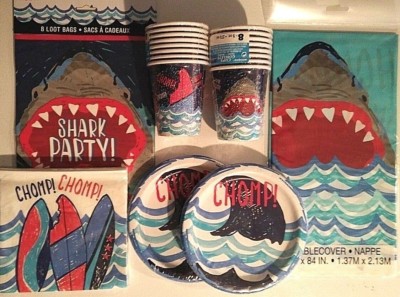 SHARK PARTY Birthday Party Supply Set Pack Decoration Kit for 16 w/ Loot Bags