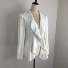 BEBE Womens sz Small Ivory Ruffle Lapels Long Sleeve Open Front Blazer Jacket